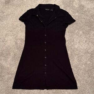100% Cotton Black Button-Up Collared Shirt Dress